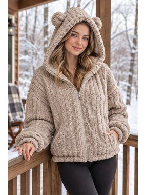 Plush Teddy Bear Ear Hooded Cropped Fleece Jacket Oversized Long Sleeve Zip-Up